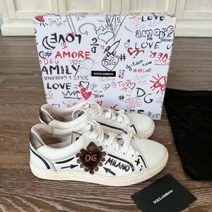 Dolce & Gabbana White Sneakers with Black and Gold Details